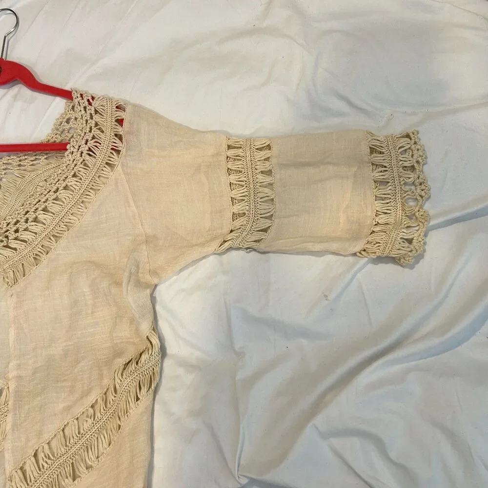 #8494 BOHO VTG CROCHET BEIGE DUSTER FRINGE ONE SIZE